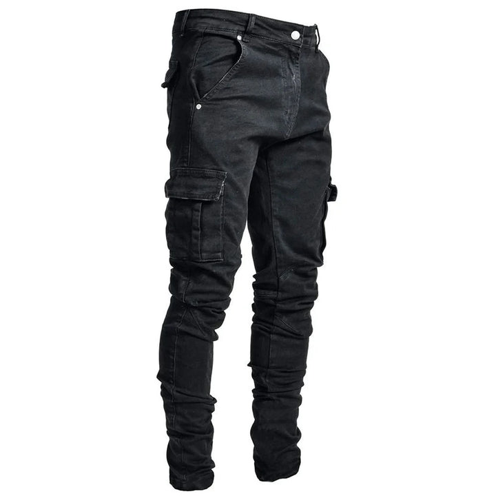 Street Elastic Jeans Men Denim Cargo Pants Wash Solid Color Multi Pockets Casual Mid Waist Trousers Slim Fit Daily Wear Joggers