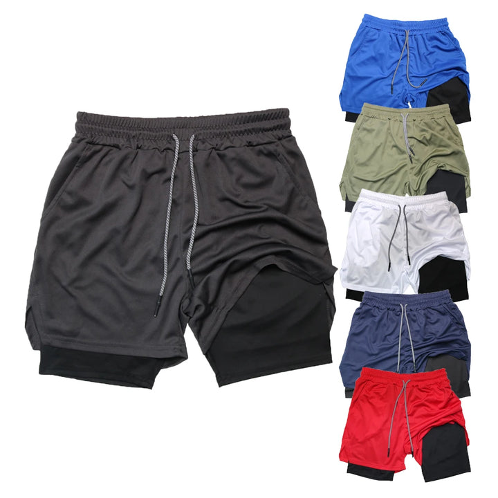 Men'S Double Layer Fitness Shorts Men Fitness Gym Training 2 in 1 Sports Shorts Quick Dry Workout Jogging Double Deck Summer